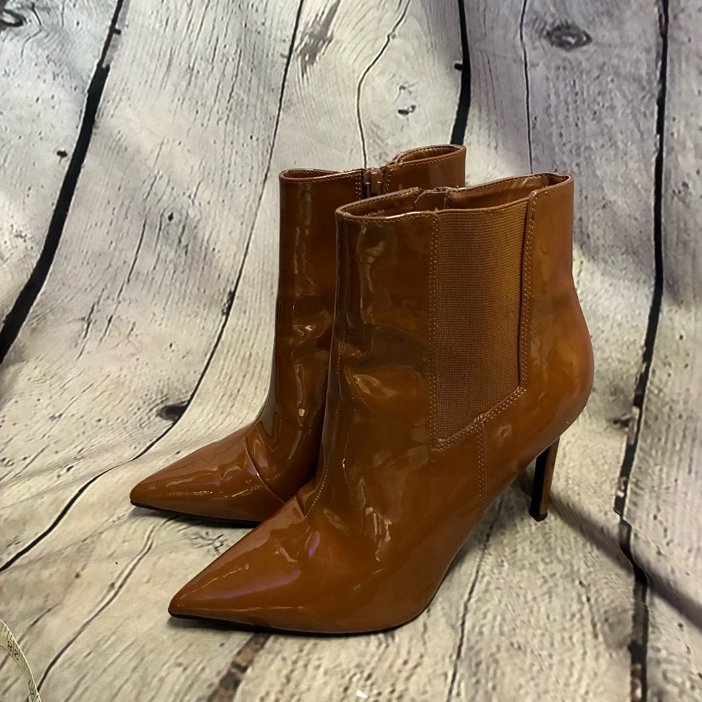 INC Womens Brown Patent Comfort Goring Katalina Pointy Toe Stiletto Booties 8.5M